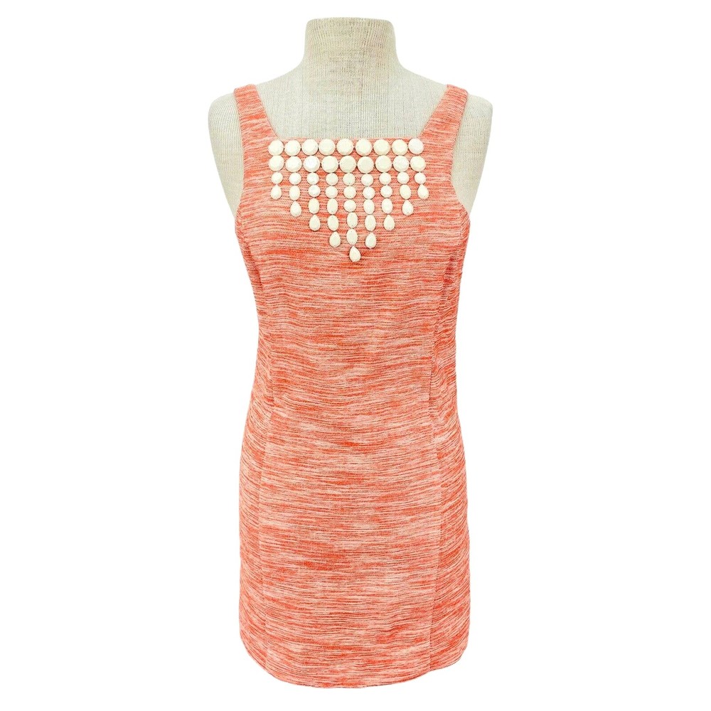 Trina Turk Sleeveless Orange Fitted Tweed Boucle Beaded Front Tank Dress Size 4